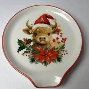 JarThenaAMCS 4.7 In Christmas Spoon Rest Highland Cow Poinsettia New